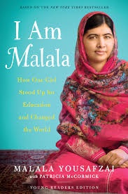 I Am Malala cover depicting Malala in a red floral scarf against a teal background