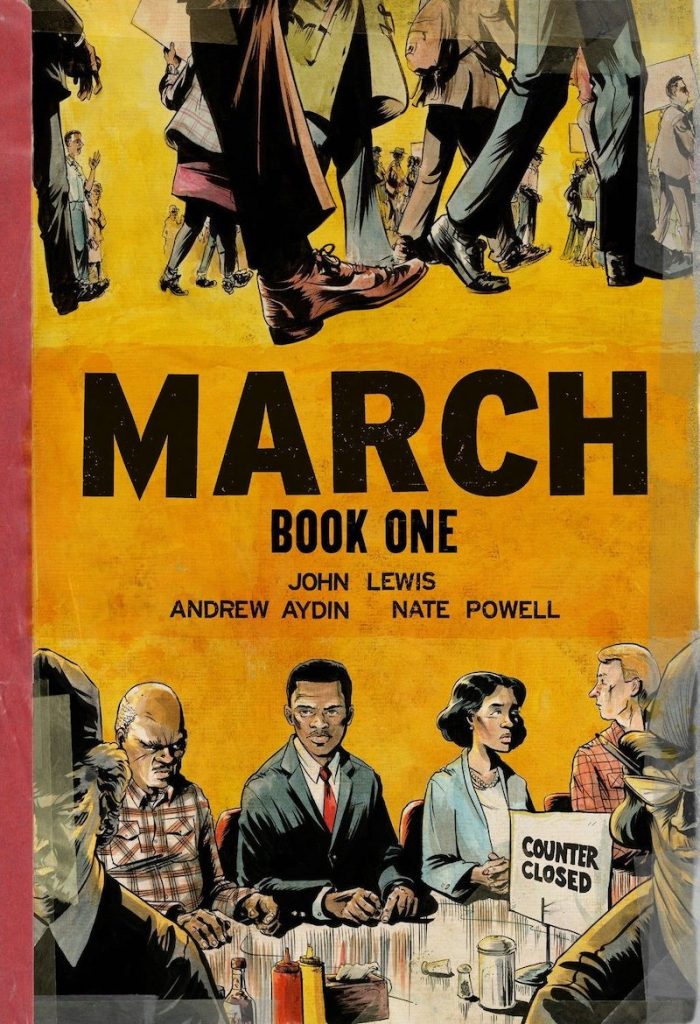 Book jacket for March showing lunch counter protestors