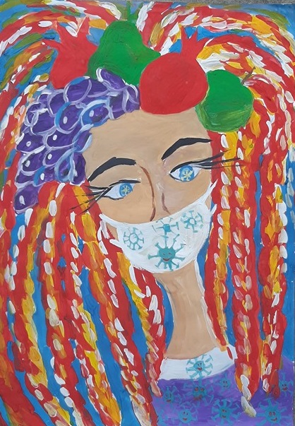 Mariane paints herself in vivid color with thick hair and a face mask covered with covid molecules
