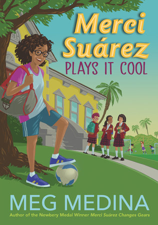 A girl with curly hair and glasses holds a duffel bag and rests her foot on a soccer ball. Kids at school play in the background.