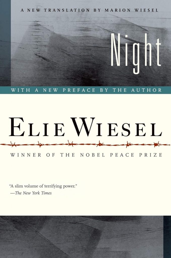 Cover of Elie Wiesel's novel Night. A white rectangle with the author's name covers the middle of the cover, and the background is gradients of gray.