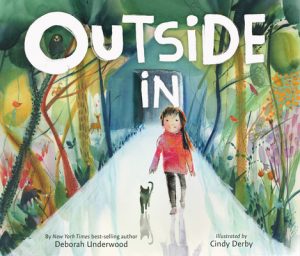 Cover of Outside In depicting a young girl in a red coat walking down a road with a cat. Trees and plants line either side of the road.