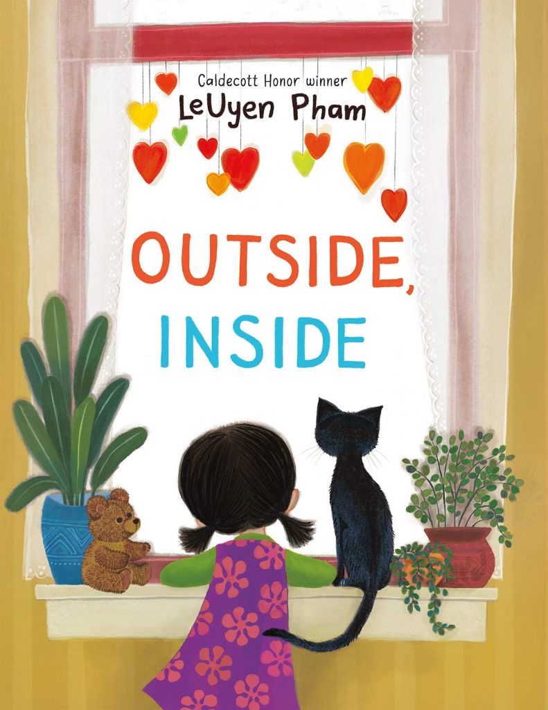 Cover of Outside, Inside features a girl and her cat leaning on a window sill and looking outside.