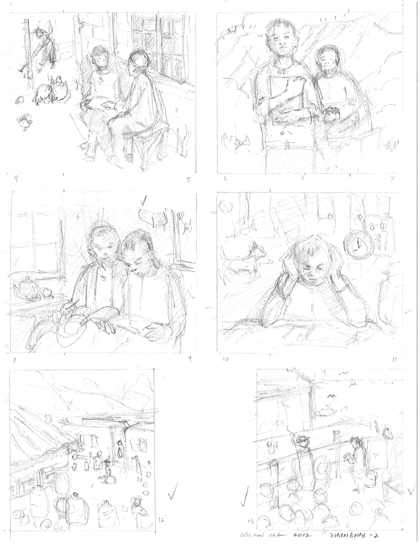 thumbnail sketches in pencil of six panels featured in the book Paper Son
