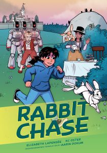 A middle schooler runs through a field after a white rabbit
