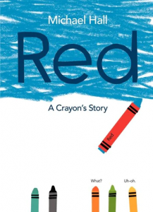 Blue crayon wrapped in red paper coloring the sky while five crayons watch