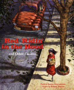 A girl in red walks down a city street while a wolf cruises behind her in a car