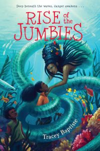 Black child is enveloped in a Black mermaid's serpent-like tail