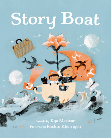 Story Boat cover shows two children and a cat sailing in a teacup with a flower for a mast and surrounded by animals and objects.