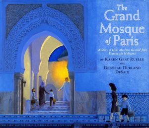 Cover of The Grand Mosque of Paris depicting Jewish families walking into a blue mosque.