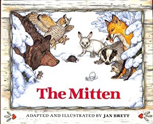 A mitten surrounded by animals in a snowy field.