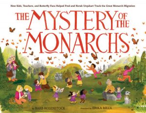 Characters of all ages observe monarch butterflies in an open greenspace