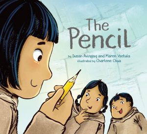 The Pencil cover shows the close-up profile of girl holding up a sharpened pencil to two of her friends.