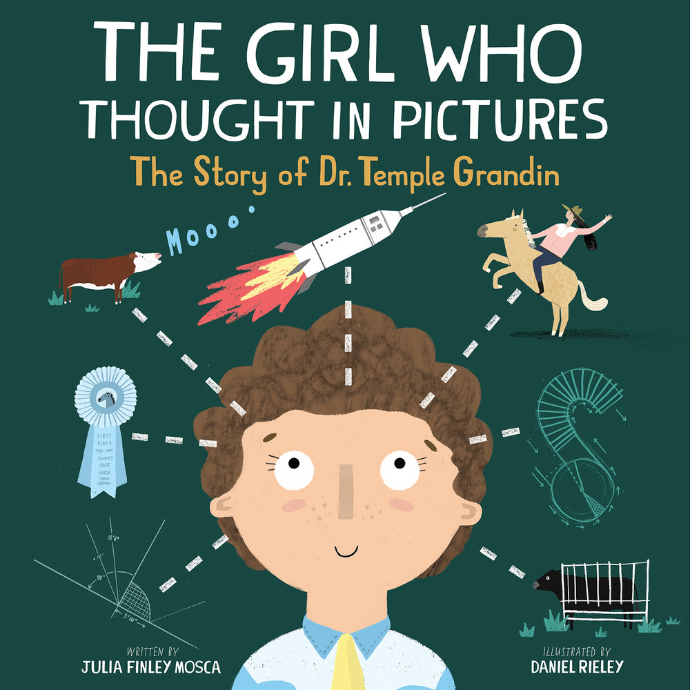 A young girl with curly brown hair stands in front of a blackboard. Images of animals, a rocket, and math surround her, all with a dotted line connecting the images to her head.