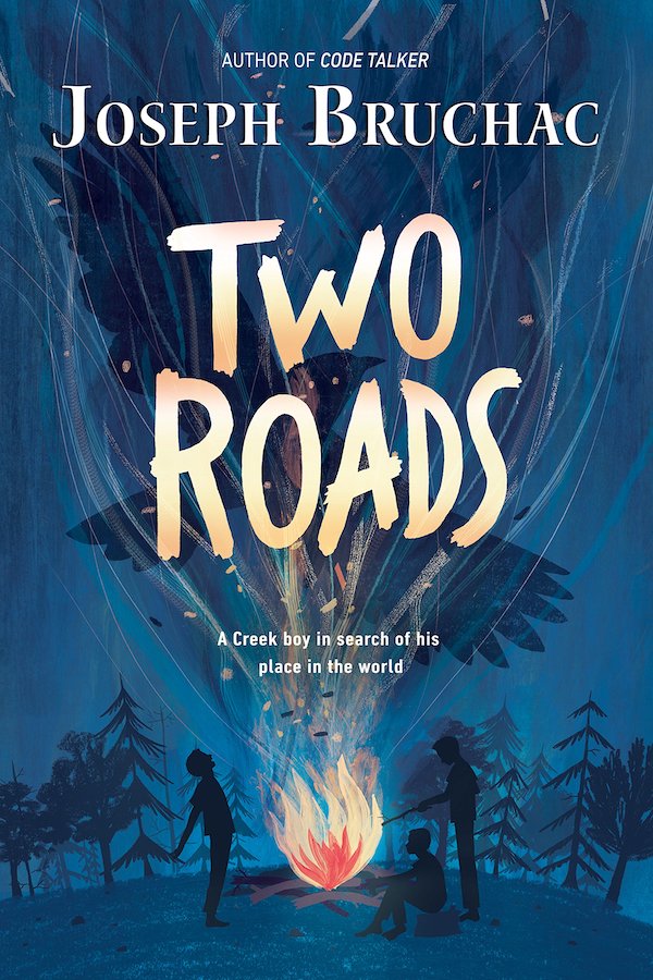 Two Roads book jacket depicts people on either side of a campfire in silhouette with a giant shadow of a bird in the smoke.