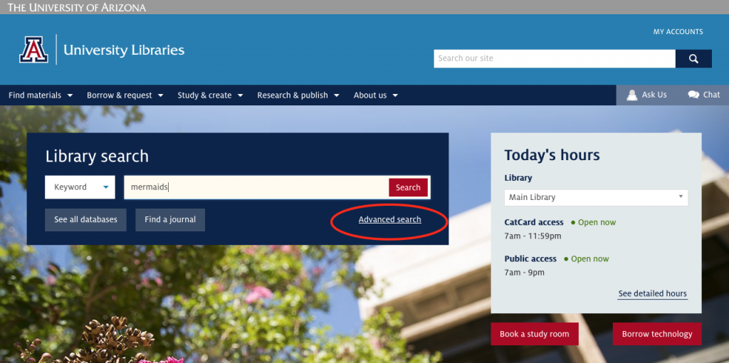 UArizona Library landing page with Advanced Search circled