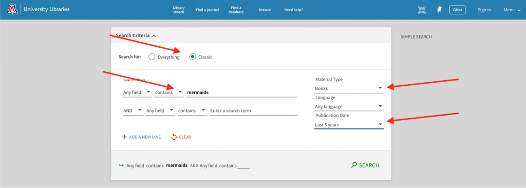 UArizona Library advance search form with different fields indicated with arrows