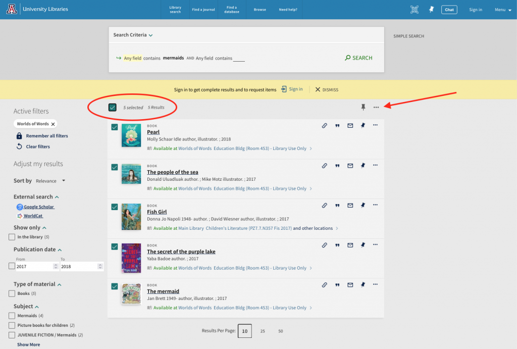 UArizona Library results page with select all button and hamburger option highlighted