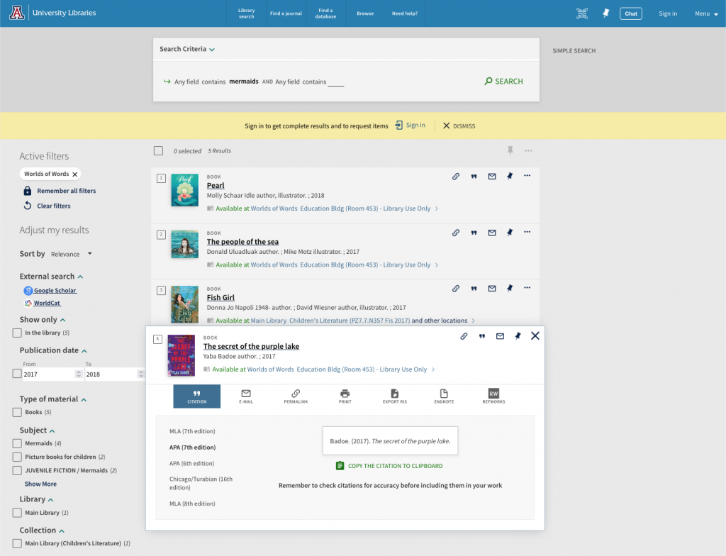UArizona Library results page with one item selected in pop-up window