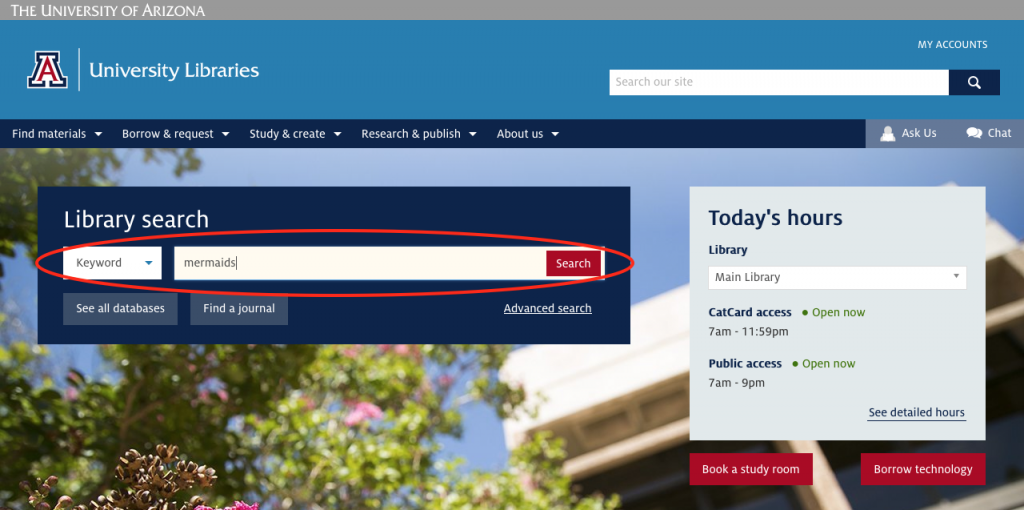 UArizona Library landing page with search field circled
