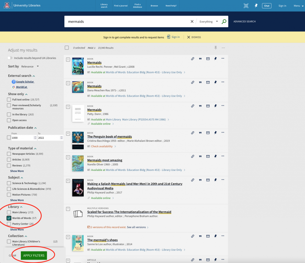 UArizona Library search results page with circles in the left column around WOW under libraries and around apply filters.