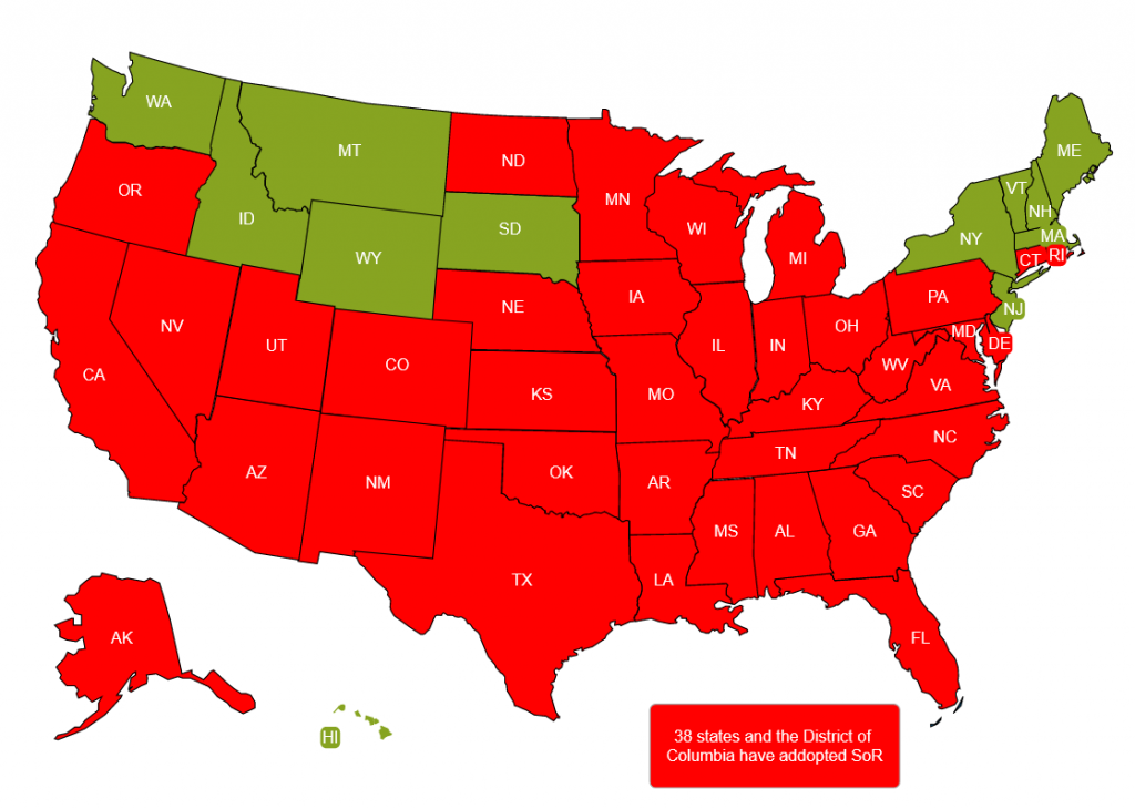 Map of the United States where states that have adopted the Science of Reading are colored red.