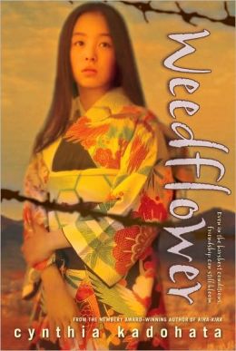 Book Jacket of Weedflower depicts a woman of Japanese descent and dress behind barbed wire