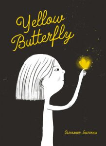 Black background with a yellow butterfly being held by a young girl.