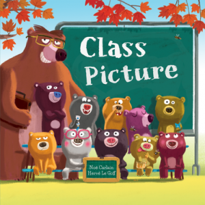 A mischievous group of small bears and their smiling teacher pose