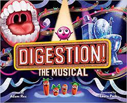 A pink piece of candy stands on top of a theater marquee sign with the title written in it. The candy is surrounded by different parts of the human body and small carrots are in the spotlight below.