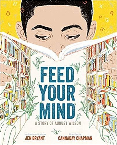 Cover of Feed Your Mind depicting a young boy reading a book, the cover showing bookshelves filled with colorful books.