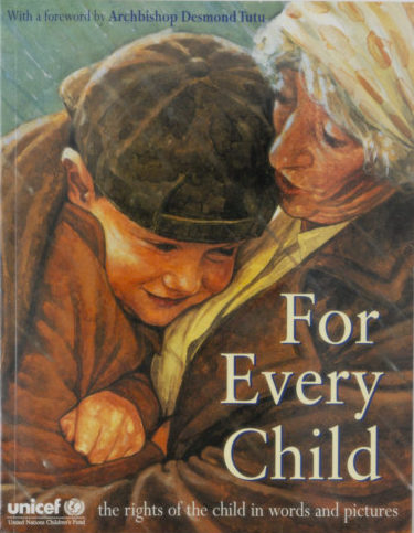 For Every Child cover art, up close of a bundled boy in the embrace of an older woman