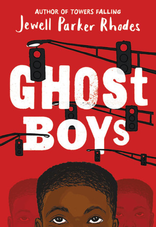 Cover of Ghost Boys depicting the upper half of a black boy's face as he looks up to stop lights that are all red, on a red background.