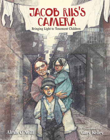 Mother and two children stand in an alley with laundry hanging above their head
