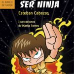 Cover of Maria la dura en: no quiero ser ninja depicting a girl with short brown hair in a yellow karate gi, one hand extended to chop the viewer. She is in space and in the background behind her is a large ball of fire.
