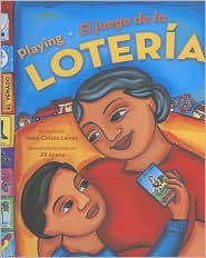 A Mexican-American boy holding a lotería card smiles up at his grandmother