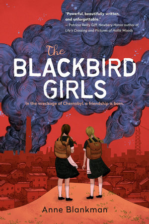 Cover of the Blackbird Girls depicting two girls in black dresses carrying brown backpacks looking out to a red-hued city with a cloud of black smoke rising into the red sky.
