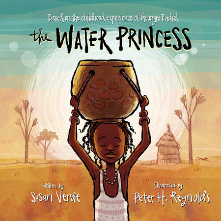 A young black girl holds a large pot of water on her head. She stands in front of the sun and a dirt path lined with thin trees and a small hut.