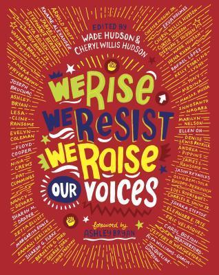 Cover of We Rise We Resist We Raise Our Voices with the words in different colors on a red background and the names of authors written around it.