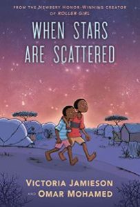 The cover of When Stars are Scattered, depicting two black boys walking through a rural village. The sky is resplendently pink and purple, and dotted with stars, behind them.
